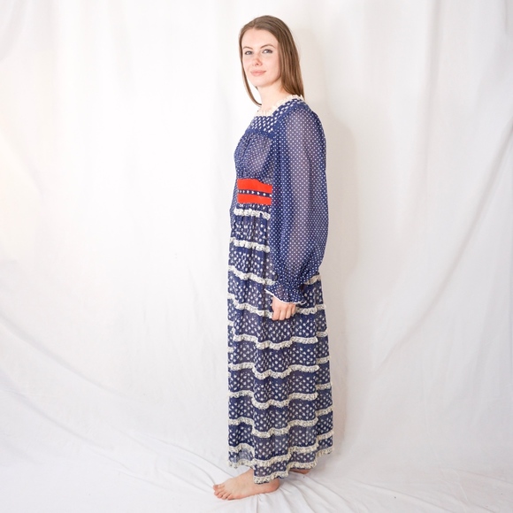 Vintage Americana Lace Peasant Maxi Dress Blue Red - Picture 4 of 8